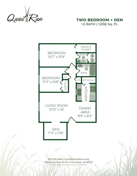 2 bed 1.5 bath A at Quail Run Apartments, Columbus, 47201